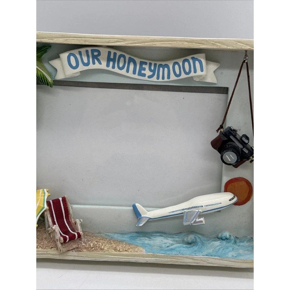 Russ Berrie Our Honeymoon Photo Frame 4x6 Hand Painted 3D Airplane Camera Beach